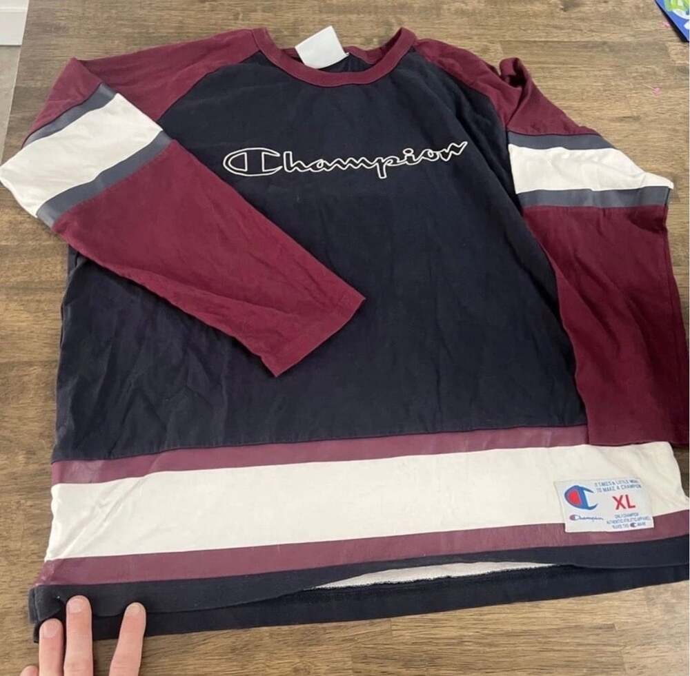 Champion Script Logo Long Sleeve Size XL Colorblock Cotton T-Shirt